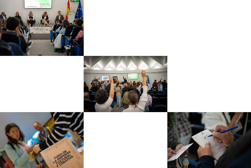Collage con fotografías de un foro cultural: mesa redonda, público participando y asistentes tomando notas.