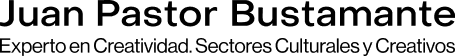 Logotipo tipográfico de Juan Pastor Bustamante con texto “Experto en creatividad, innovación, sectores culturales y creativos”.