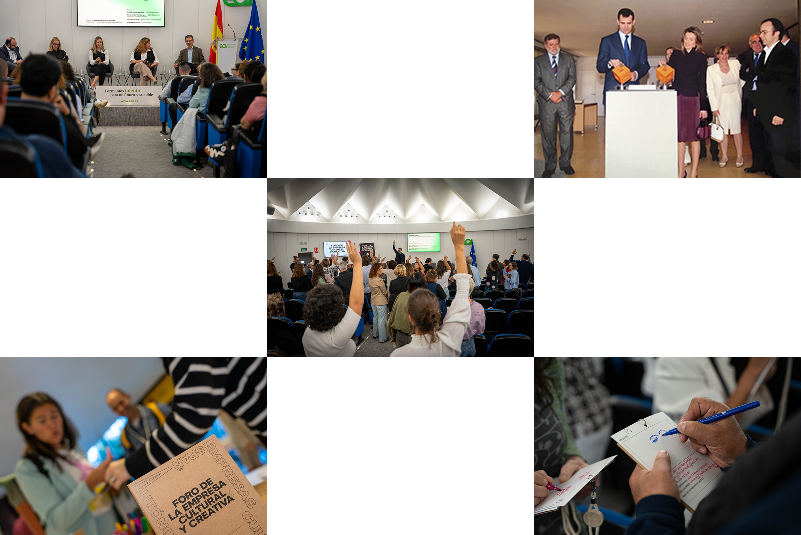 Collage con cinco imágenes de un evento cultural: ponencias, participación del público, entrega de premios y toma de notas.